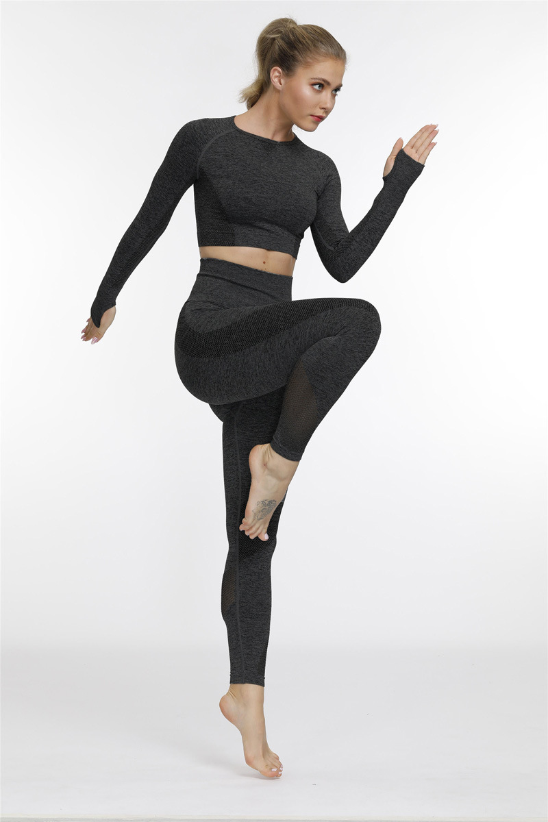 Custom thumb hole long sleeve crop top tight mesh tracksuit yoga suit fitness suit set
