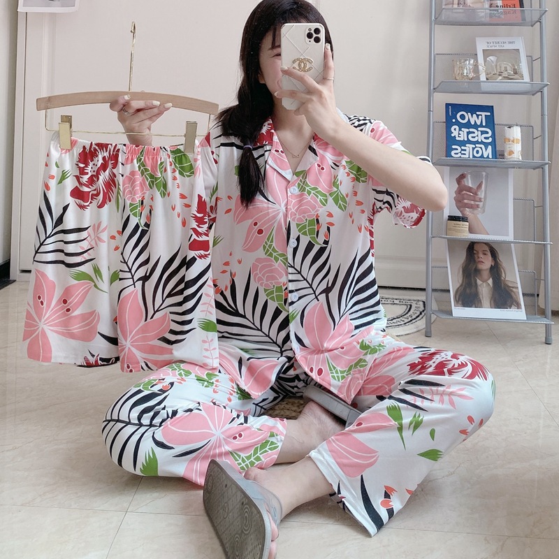 Factory direct sales of cross-border summer and autumn short and long cardigans, pajamas, women's home wear, leaf sets, milk silk, Southeast Asia details Picture