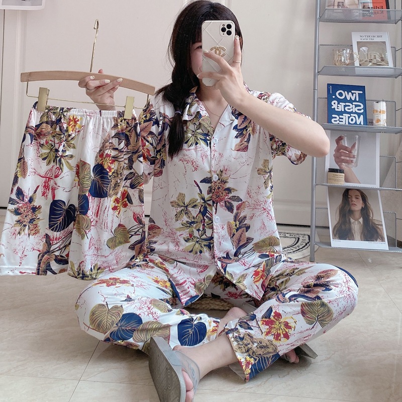 Factory direct sales of cross-border summer and autumn short and long cardigans, pajamas, women's home wear, leaf sets, milk silk, Southeast Asia Specification image