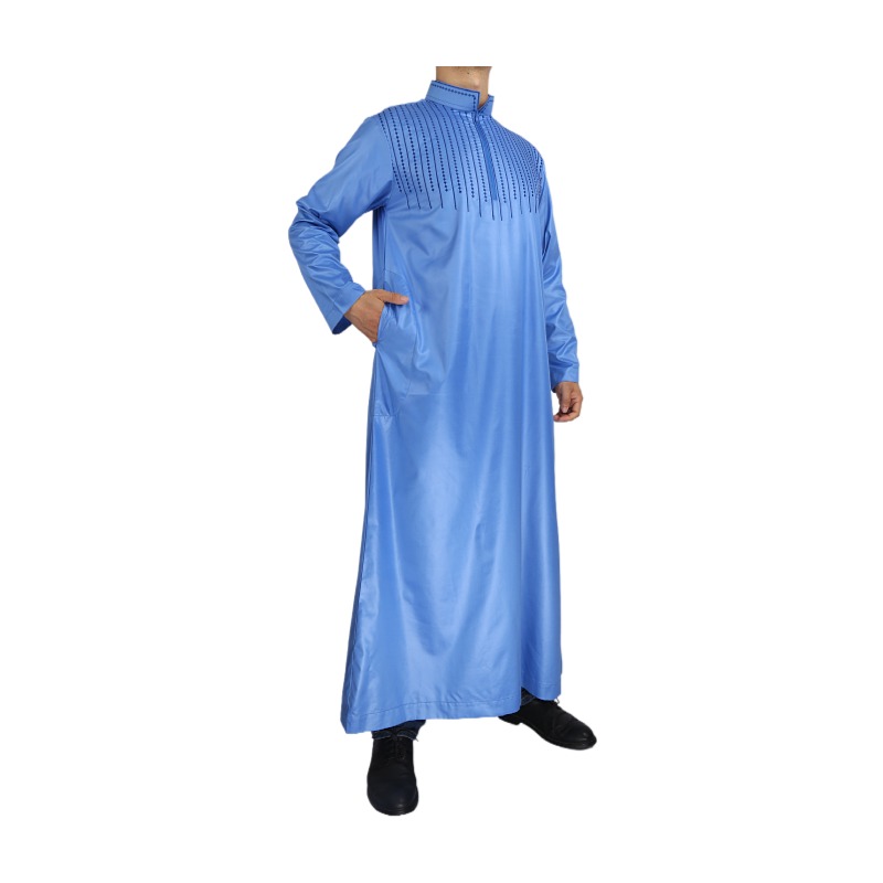新款亮涤竖纹穆 斯林长袍纯色立领卡款阿拉伯长袍图