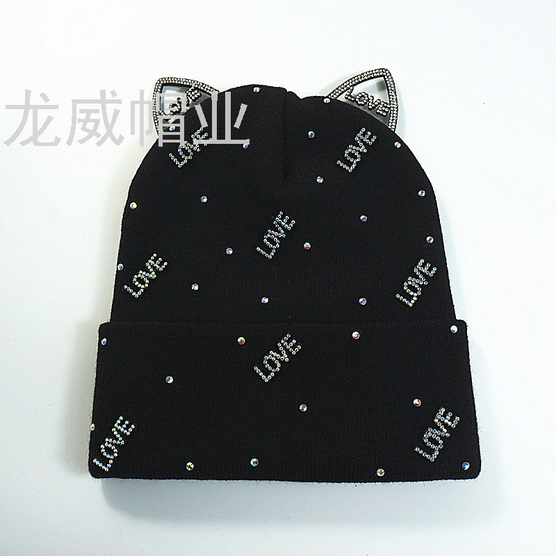 Skin-friendly winter wool warm cat ears rhinestone knitting hat can be selected in a variety of styles thumbnail