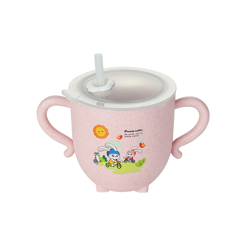 Wholesale wheat straw double-ear cups, thickened sealed dust-proof cover water cups, silicone straws, children's cartoon cups Item Picture