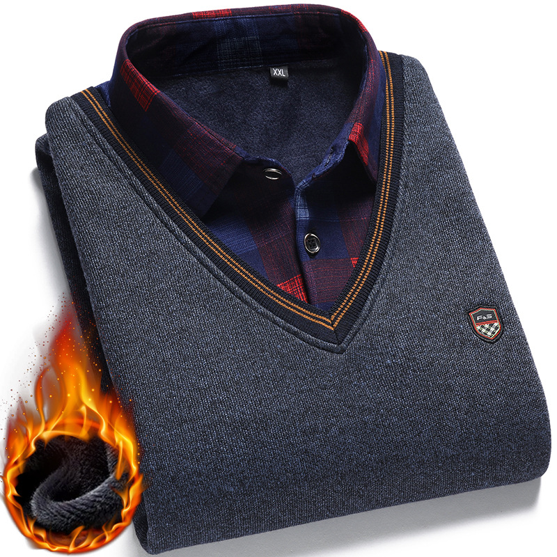 Fleece and thick men's sweater False two long sleeve knits men's bottom shirt collar young and middle-aged pullovers