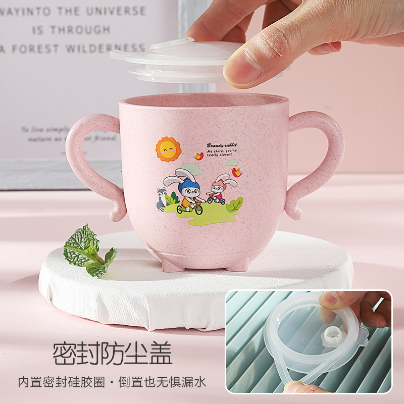 Wholesale wheat straw double-ear cups, thickened sealed dust-proof cover water cups, silicone straws, children's cartoon cups details Picture