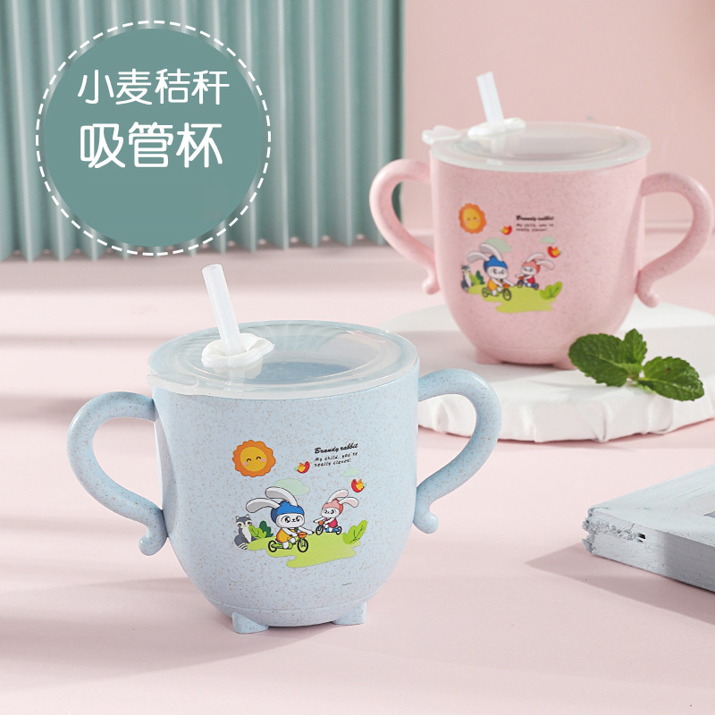 Wholesale wheat straw double-ear cups, thickened sealed dust-proof cover water cups, silicone straws, children's cartoon cups