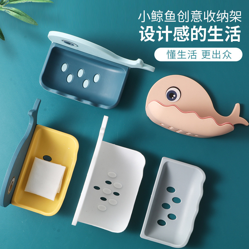 Little Whale Soap Box Bathroom Creative double-layer draining soap box hanging and storage dual-purpose non-perforating soap rack