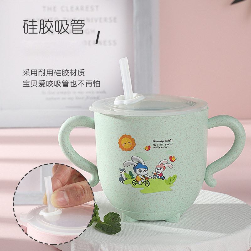 Wholesale wheat straw double-ear cups, thickened sealed dust-proof cover water cups, silicone straws, children's cartoon cups Specification image