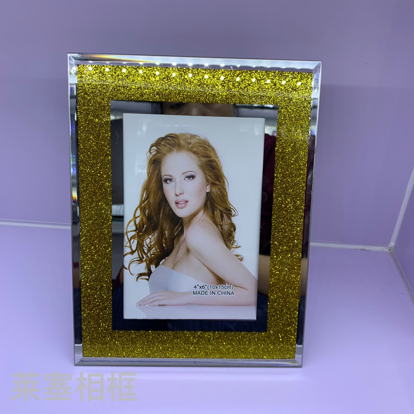 Golden glitter photos by the mirror edge, home decoration gifts, living room handicrafts, customized various patterned glass photo frames