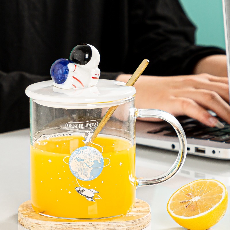 太空宇航员系列玻璃水杯带盖勺夏天高硼硅耐热吸管杯茶杯麦片杯子