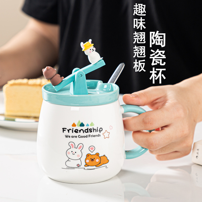 Cute girl cartoon Bear Bunny mugs Creative fun seesaw board ceramic mugs students breakfast milk mugs