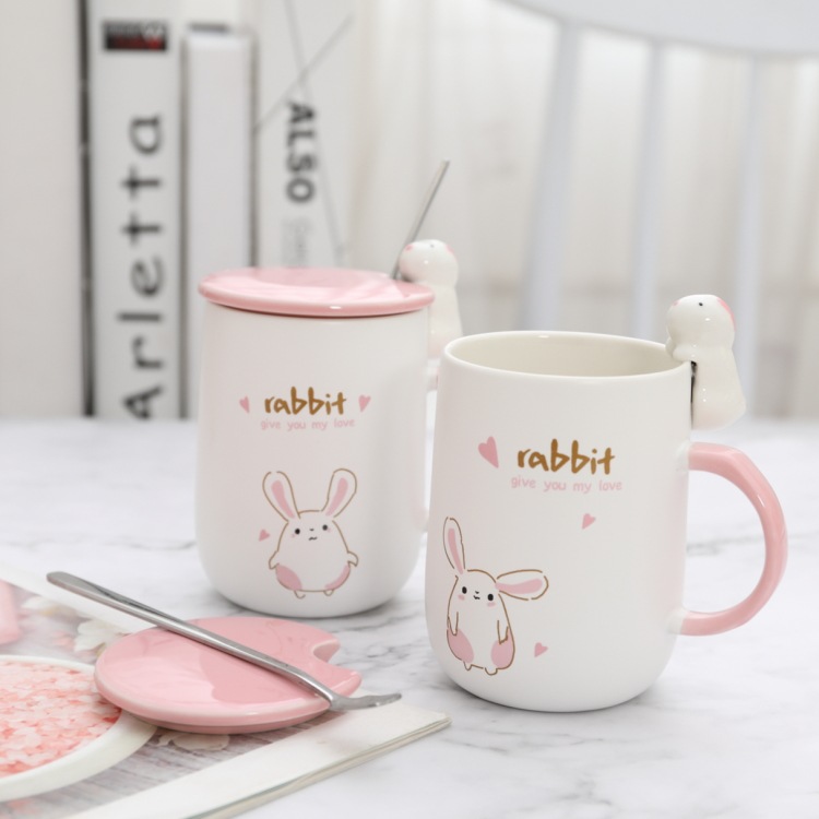 Cartoon 3D rabbit mugs creative ceramic cups with ladles on top lovely girls' breakfast cups