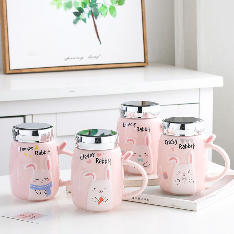 3D embossed cartoon cute rabbit ceramic cup creative mirror cover handle office coffee milk cup thumbnail