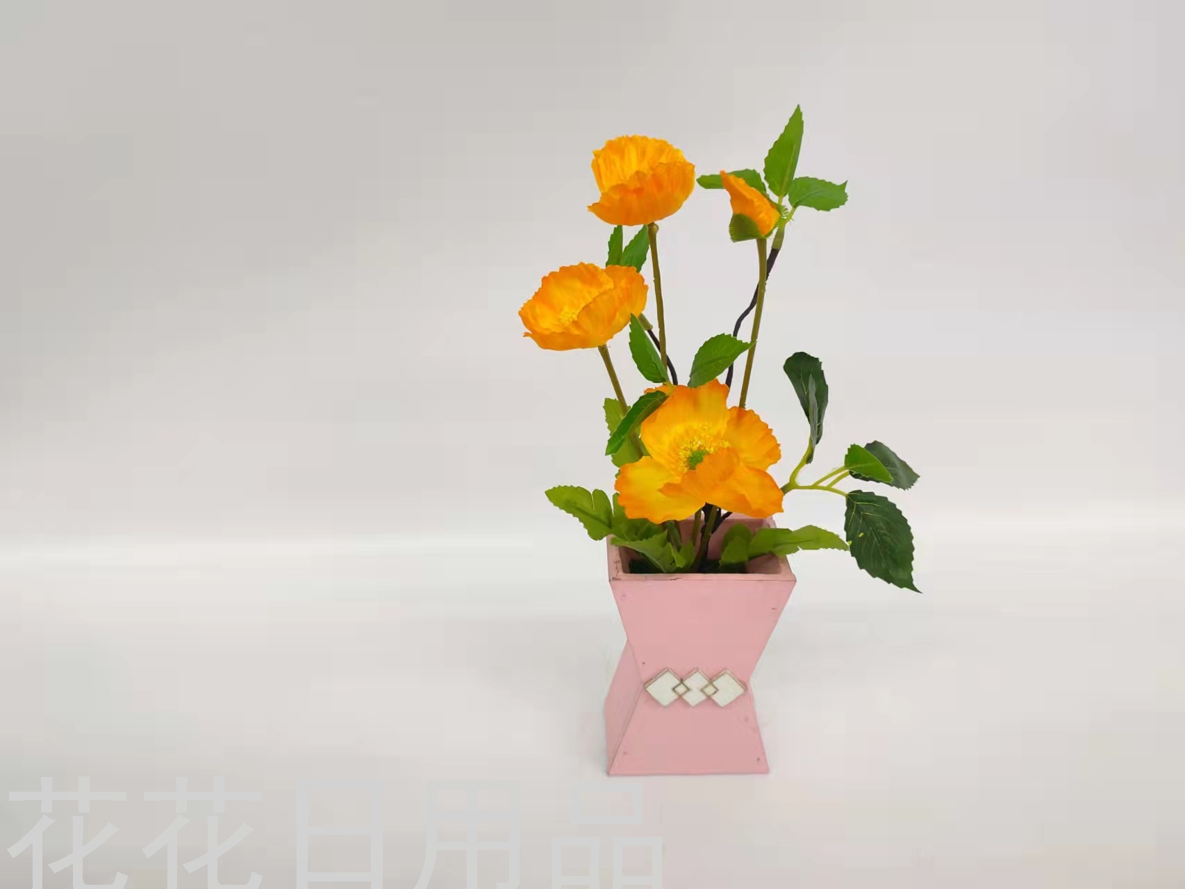 仿真花假花凌形木头盆虞美人盆景装饰客厅店铺装饰品