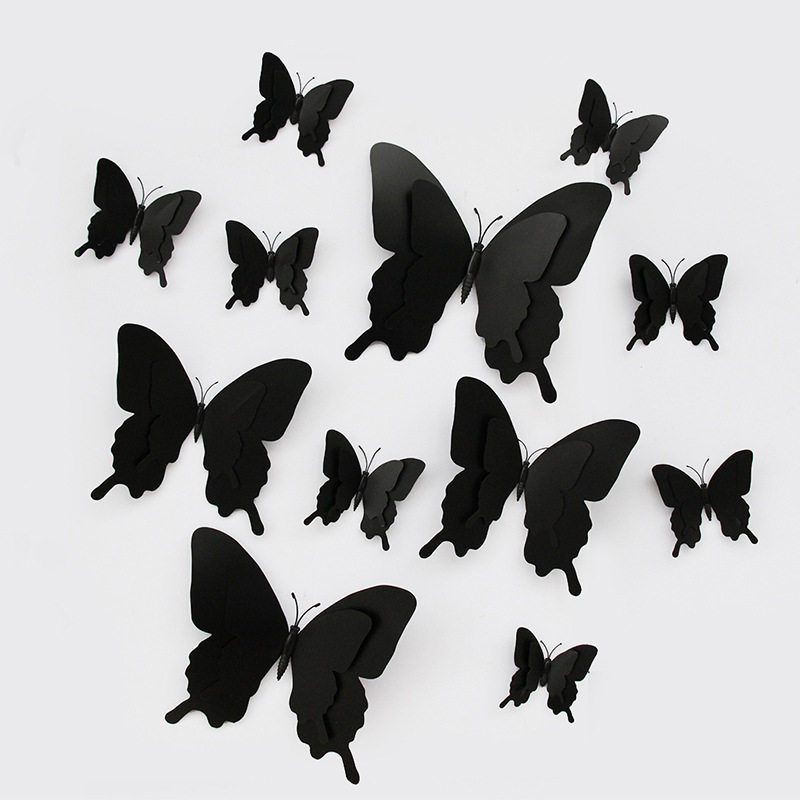 跨境万圣节3d蝴蝶12只装黑色蝴蝶立体塑料仿真装饰 家居创意现货