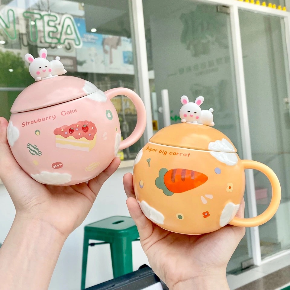 Cute cute cartoon mug mug mug with lid spoon carrot girl breakfast coffee milk mug