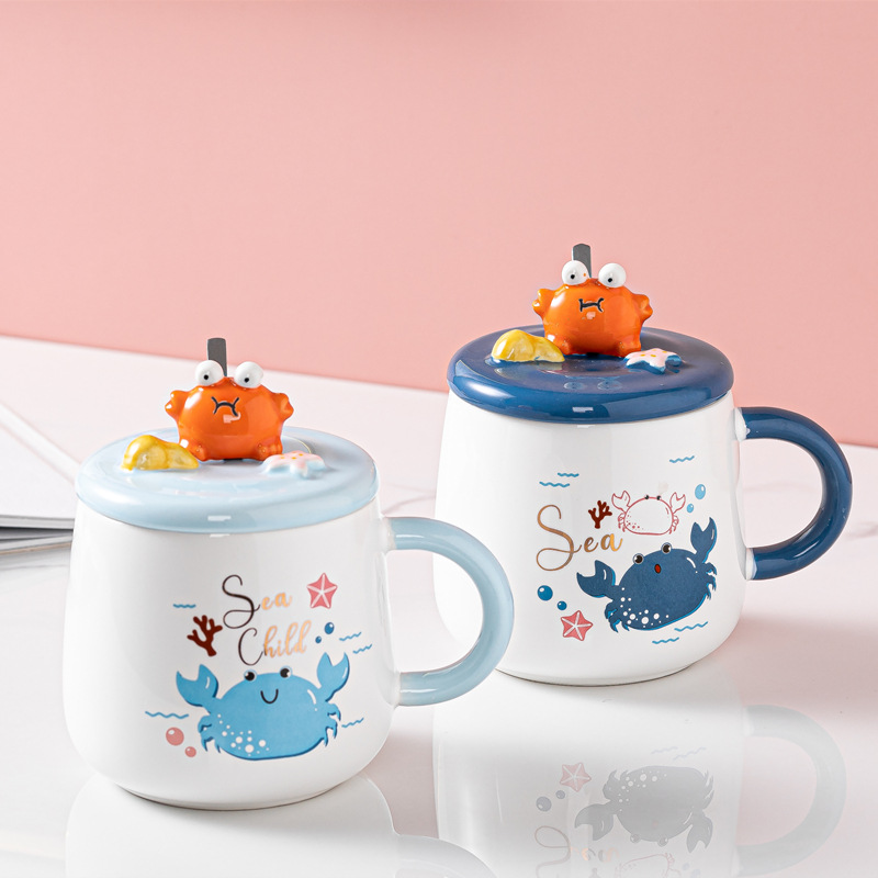 Cartoon hand-painted crab mug with lid spoon office tea coffee ceramic mug personality creative cute mug