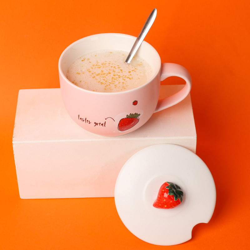 Large mug with ladle top cup Lovely girl home ceramic milk oatmeal breakfast mug birthday gift