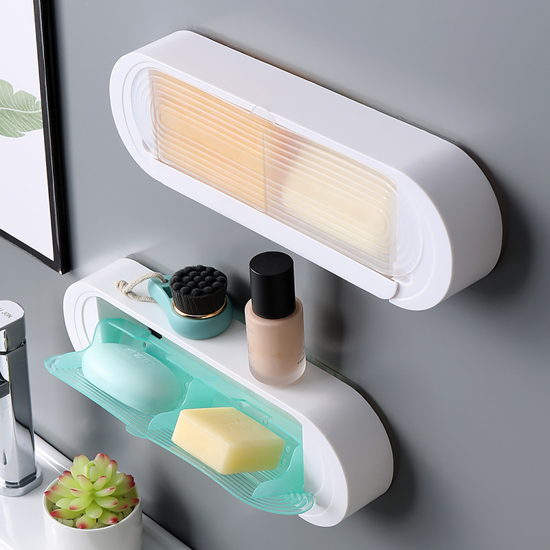 A creative double-layer soap box rack with a lid and no need for drilling, designed for draining soap boxes, wall-mounted soap boxes in bathrooms, and student dormitories Application Scenario