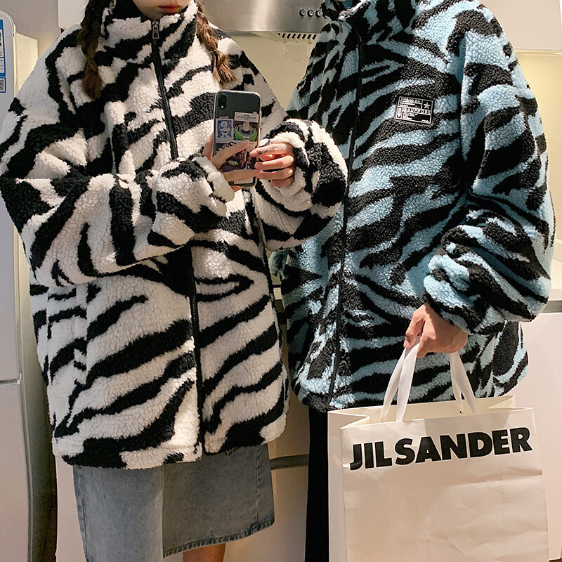 Thick cotton-padded jacket for couples 2021 winter, striped lambskin stand-up collar coat, warm cotton-padded jacket Specification image