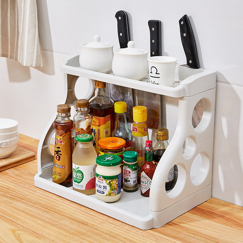 Kitchen storage rack, floor-standing two-layer space-saving storage rack, multi-functional seasoning and kitchen knife storage rack Application Scenario