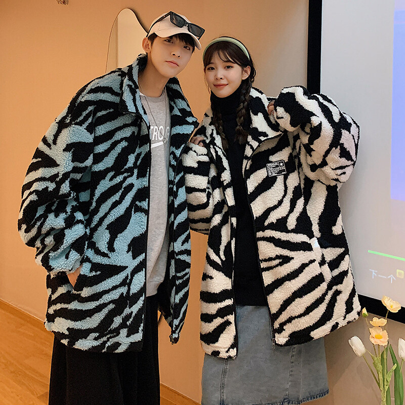 Thick cotton-padded jacket for couples 2021 winter, striped lambskin stand-up collar coat, warm cotton-padded jacket