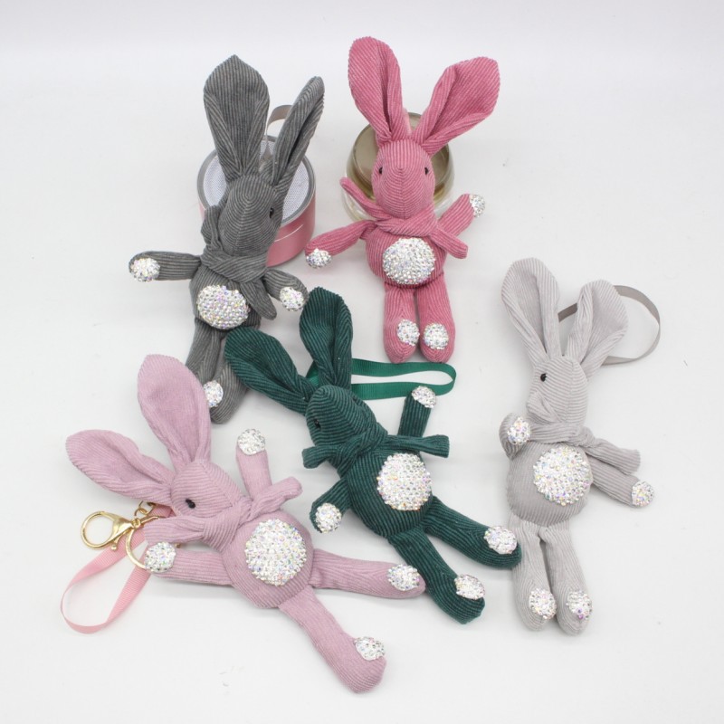 软陶泥镶钻灯芯绒韩版兔子公仔钥匙扣包包挂件毛绒玩具许愿兔娃娃