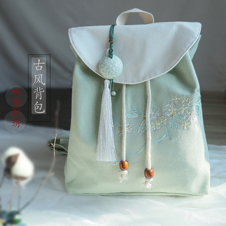 2022 New Style ancient-style Hanfu, retro Chinese style canvas drawstring backpack, embroidered tassel retro style backpack Specification drawing