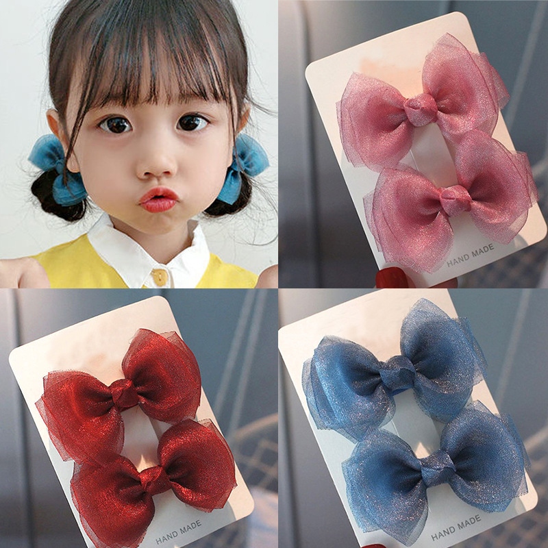 European and American ins pearlescent yarn bow clip children's fabric hair clip 2-piece set, women's hair clip sweet mesh yarn hair accessory full figure
