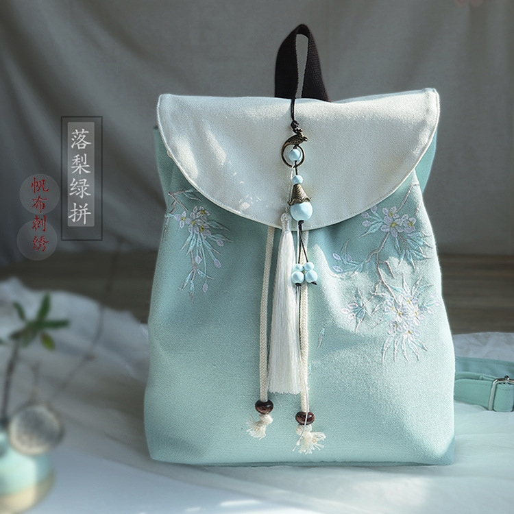 2022 New Style ancient-style Hanfu, retro Chinese style canvas drawstring backpack, embroidered tassel retro style backpack full figure