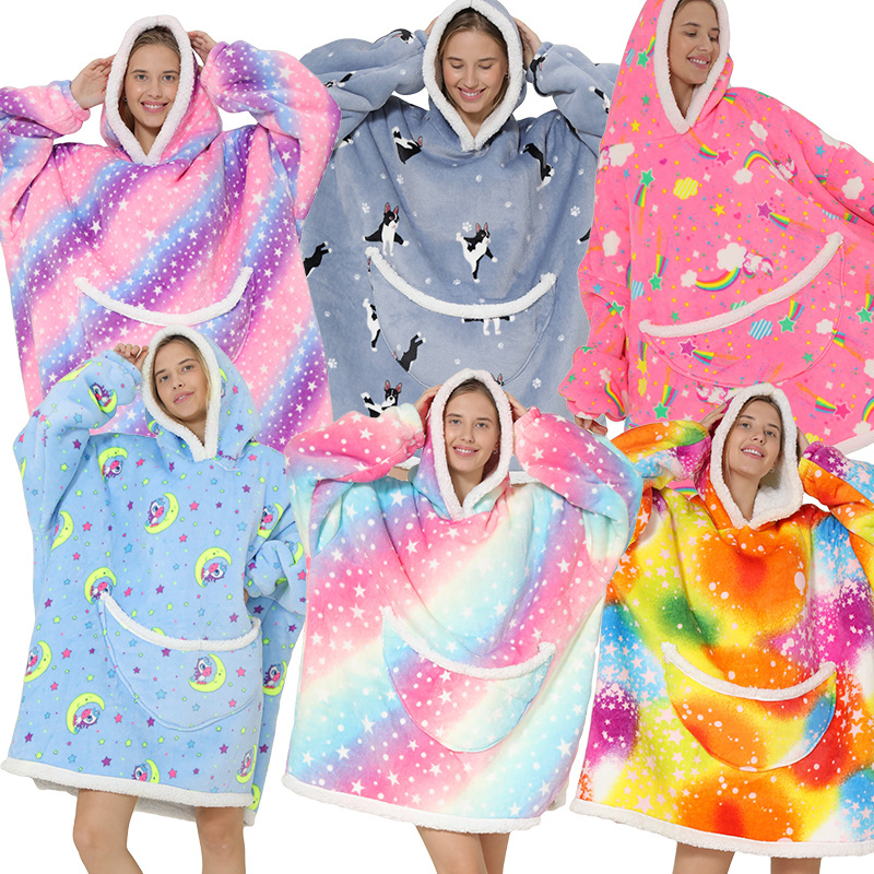 Lazy Blanket Compound Lamb Wool Pullover Flannel Hoodie Tv Tv Blanket Hooded Lazy Coat Outdoor Warm Pajamas