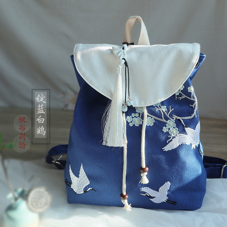 2022 New Style ancient-style Hanfu, retro Chinese style canvas drawstring backpack, embroidered tassel retro style backpack Item Picture