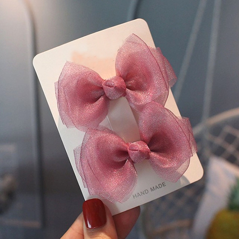 European and American ins pearlescent yarn bow clip children's fabric hair clip 2-piece set, women's hair clip sweet mesh yarn hair accessory Item Picture