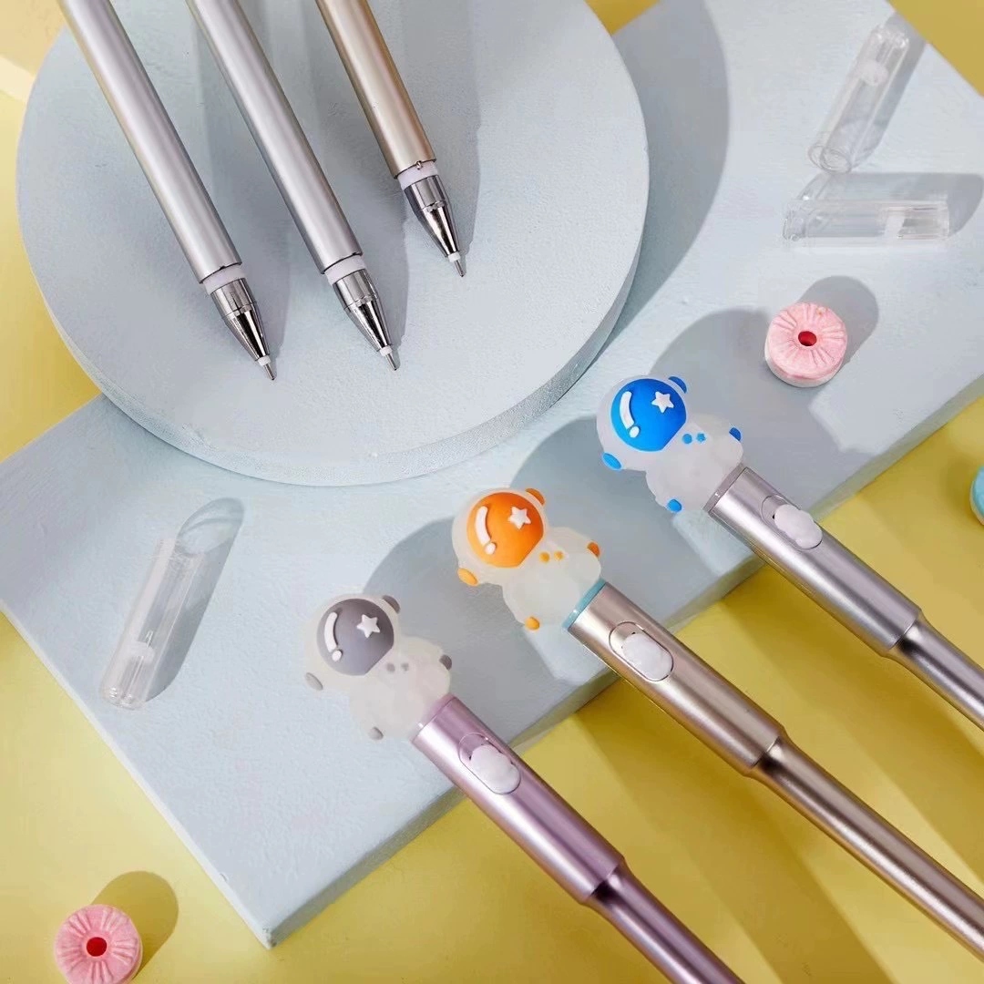 New cute astronaut silicone gel pen with light, cartoon space astronaut LED light gel pen, luminous pen pad Application Scenario