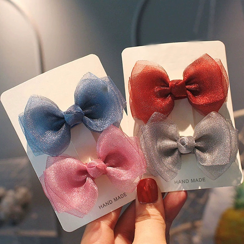 European and American ins pearlescent yarn bow clip children's fabric hair clip 2-piece set, women's hair clip sweet mesh yarn hair accessory details Picture