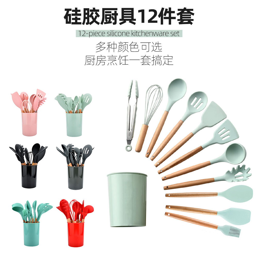 The manufacturer supplies 12 sets of silica gel kitchenware with wooden handle, silica gel cooking spoon, non-stick pan, silica gel kitchenware, non-stick thumbnail
