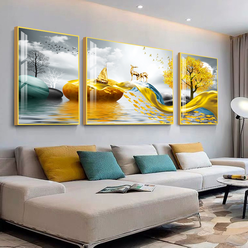 Light luxury living room decoration painting modern simple sofa background wall hanging painting atmospheric crystal porcelain painting triptych mural wall painting