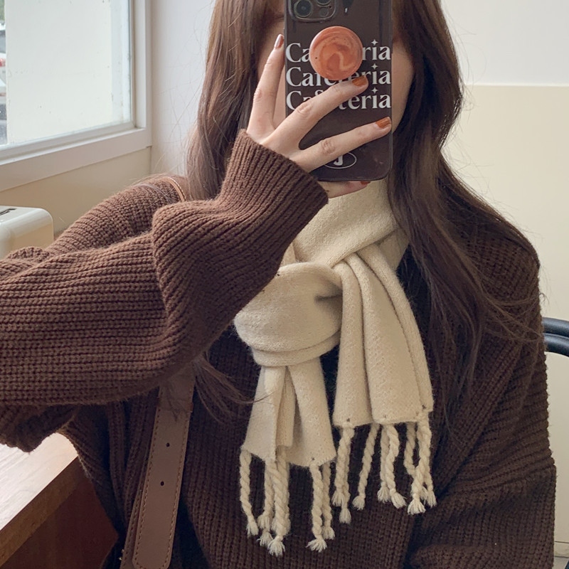 South Korea Dongdaemun Solid Color Knitted Wool Scarf Korean Version Of Autumn And Winter All-In-One Thick Warm Tassel Shawl details Picture
