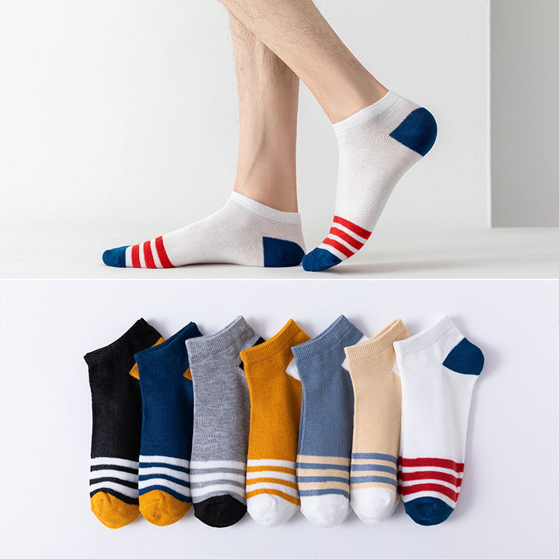 Leisure men's socks cotton spring and summer new short tube socks double needle breathable sweat absorption men spliced color boat socks wholesale full figure