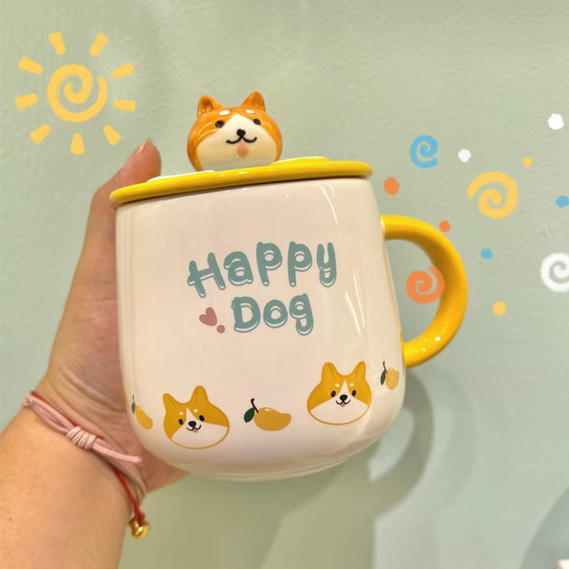 New cute cartoon ceramic mug with ladle top girl mug with cute puppy design breakfast milk mug