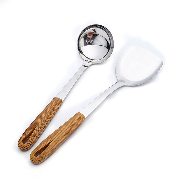 Two-piece set of stainless steel 3-centimeter-thick wood-grain handle cooking spatula and colander Item Picture