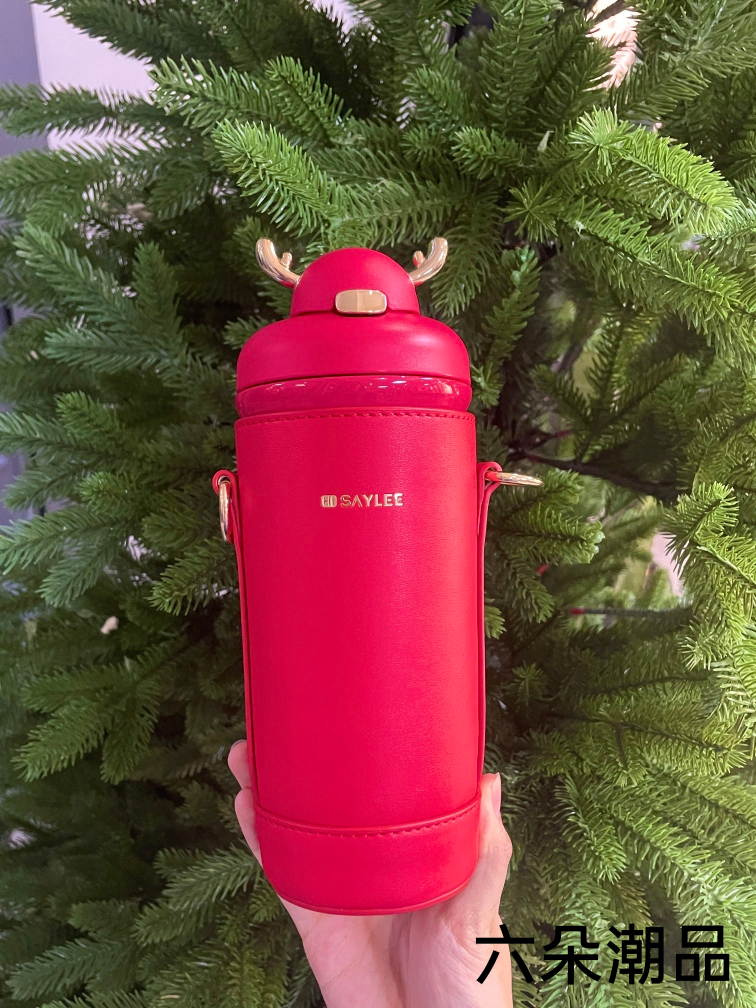 Creative And Cute Christmas Antlers Decorated Women's Large-Capacity Portable Straw Water Cup And Fashionable Crossbody Water Cup Specification drawing