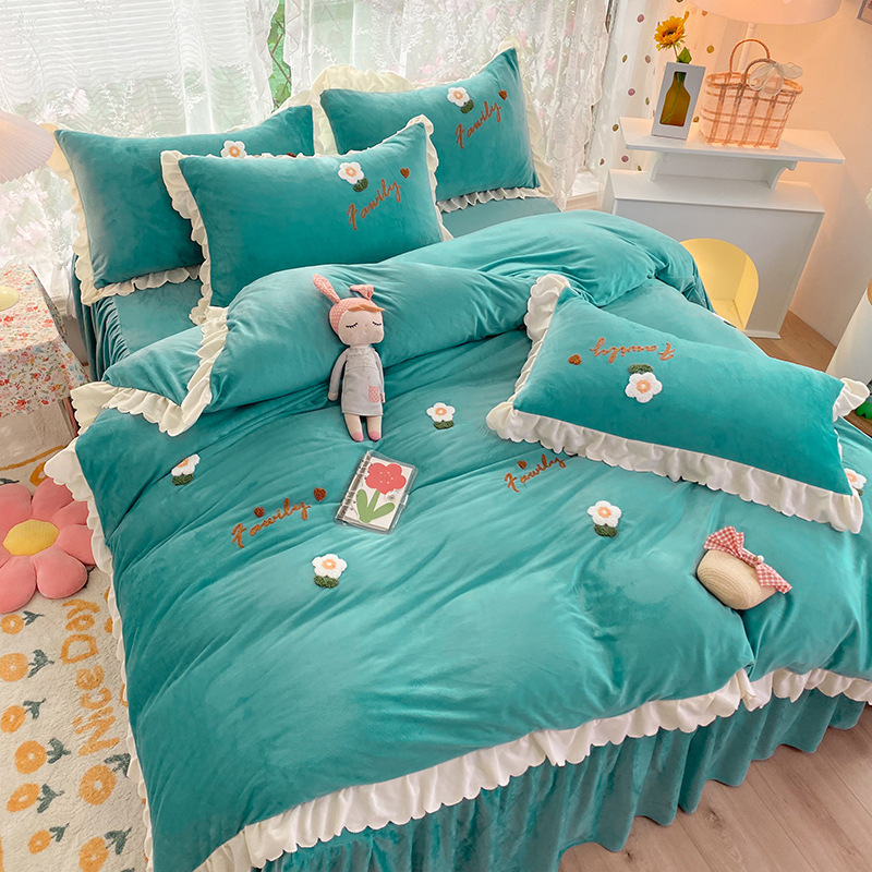 韩式牛奶绒花边床裙四件套ins纯色秋冬保暖加厚被套公主风床单1.8