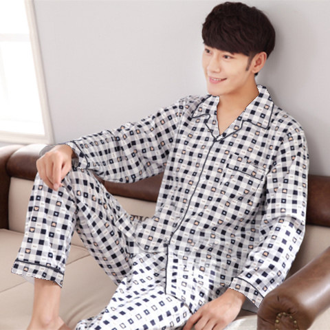 Men's pajamas, long-sleeved summer, thin, casual and simple set, home wear, pajamas, large-sized cardigan, small lapel, spring and autumn Item Picture