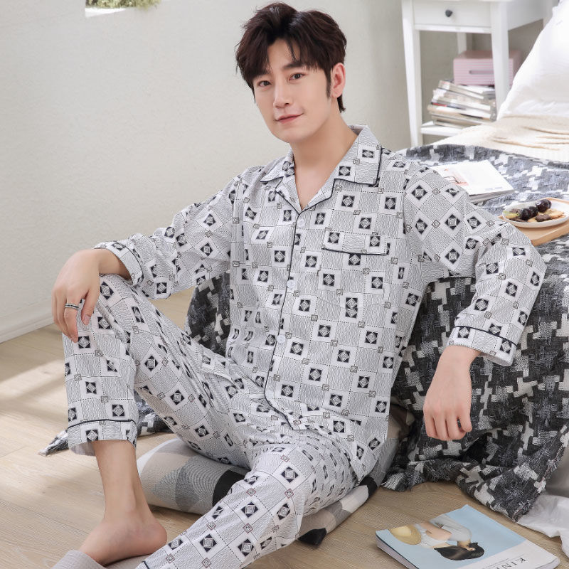 Men's pajamas, long-sleeved summer, thin, casual and simple set, home wear, pajamas, large-sized cardigan, small lapel, spring and autumn Application Scenario