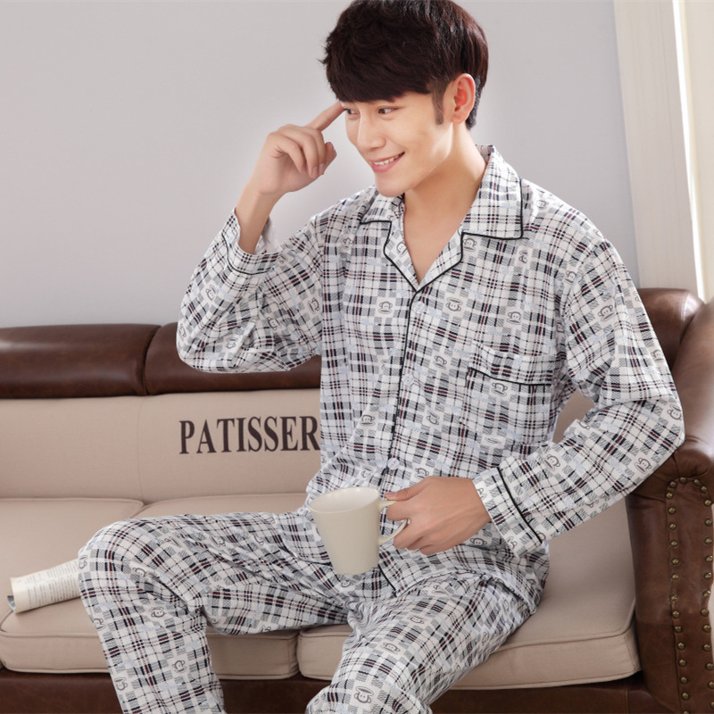 Men's pajamas, long-sleeved summer, thin, casual and simple set, home wear, pajamas, large-sized cardigan, small lapel, spring and autumn details Picture