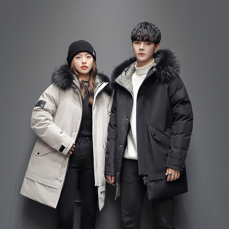 中长款羽绒服男2021新款冬季连帽毛领加厚保暖时尚情侣外套女冬装