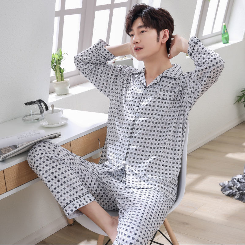 Men's pajamas, long-sleeved summer, thin, casual and simple set, home wear, pajamas, large-sized cardigan, small lapel, spring and autumn