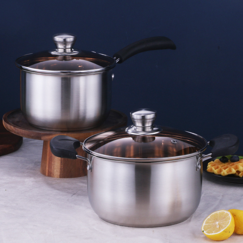 不锈钢单柄奶锅双柄煮汤锅玻璃盖汤锅单底锅