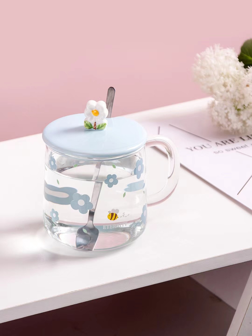 Little fresh flower pyreglass with lid and spoon coffee cup lovely flower tea water cup student milk cup