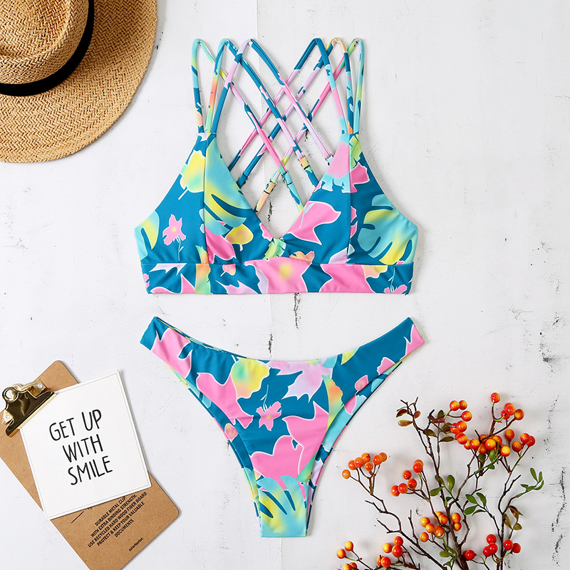 2022 European and American sexy Bikini split printed Bikini cross rope swimsuit